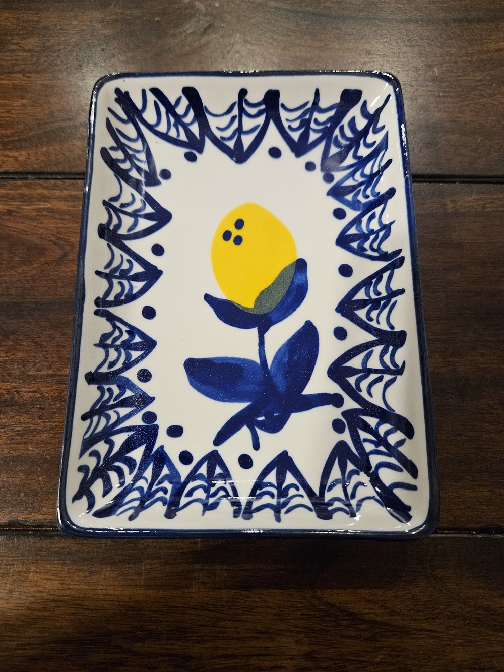 Creative Co-Op Stoneware Rectangular Dish Blue Yellow Lemon Hand Painted